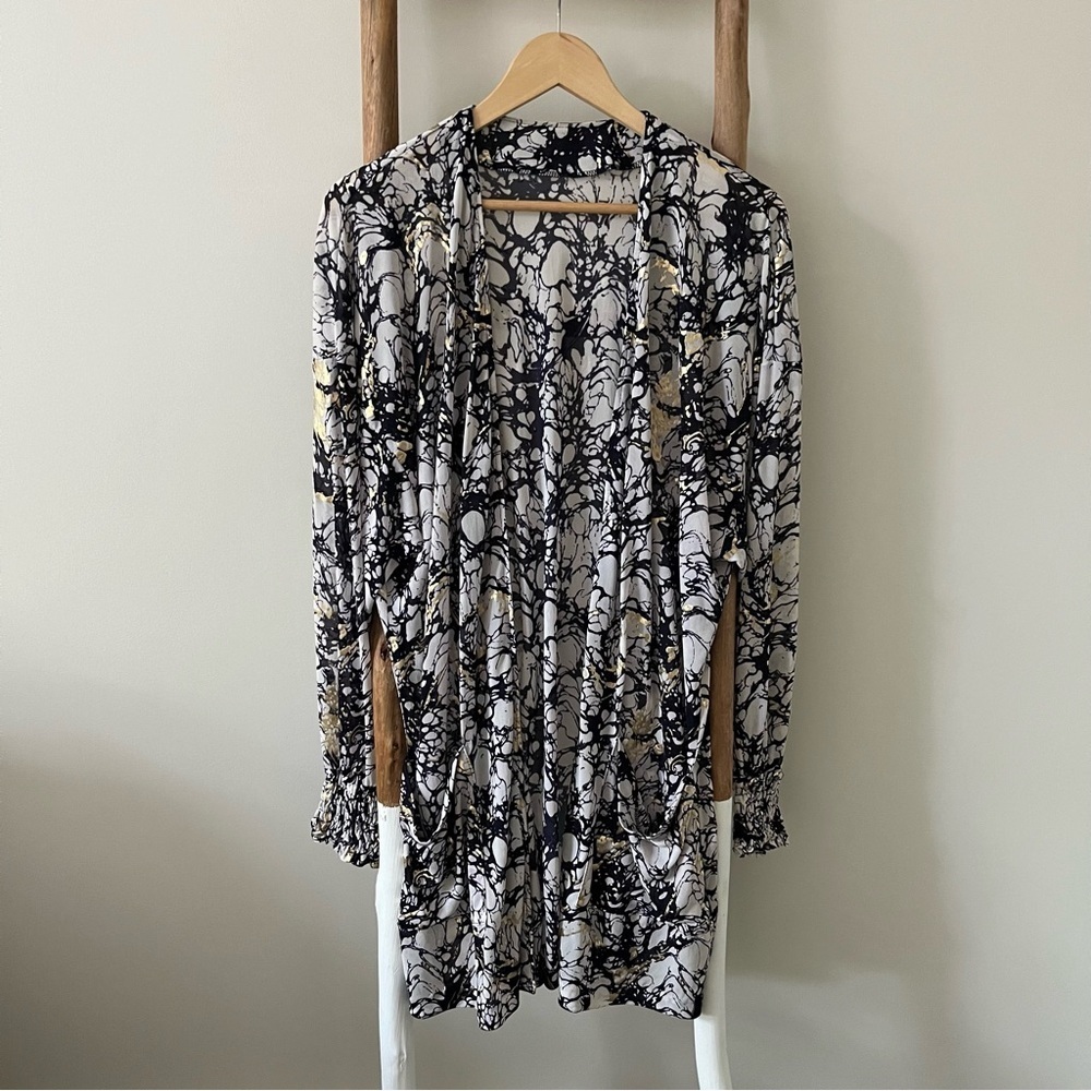 [flora kung swim] vintage printed gold lamé open beach coverup navy M